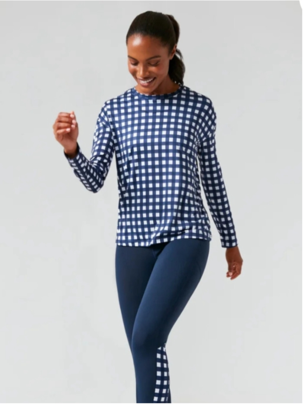 Tuckernuck Sport Navy Trellis Gingham Long Sleeve Ryan Boyfriend Tee Size S